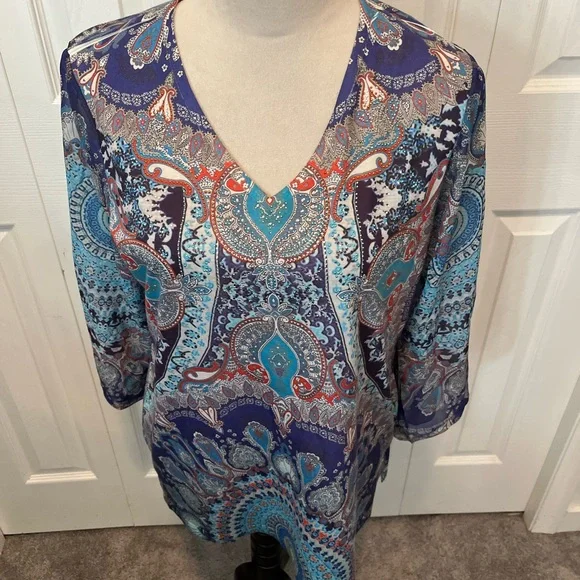 Chicos Size M V-Neck Paisley Print Tunic Top - Blue - Picture 3 of 15